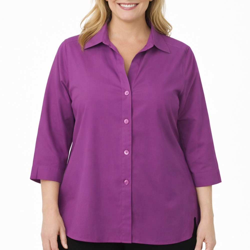 FOXCROFT Cotton Non Iron Stretch Shaped Fit 3/4 Sleeve Tunic in Light Plum